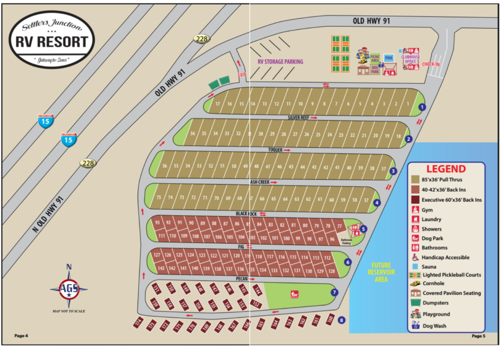 Illustrated Settler’s Junction resort map showing site numbers, roads, amenities and legend
